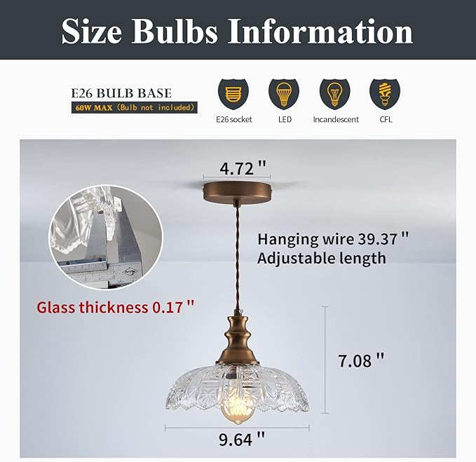 1-Light Pendant Light with Oil Rubbed Bronze Metal Glass Shade and Adjustable Cord Industrial Ceiling Hanging Light for Kitchen Island Bar Dining Room Bedroom Foyer Hallway Farmhouse
