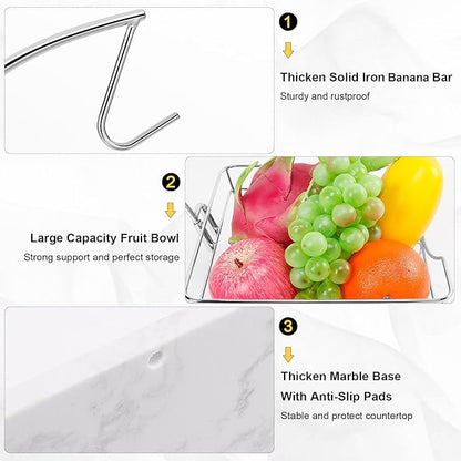 Livabber Countertop Fruit Basket Bowl with Banana Hanger, Modern Standing Fruit Vegetable Bowl Storage, with Banana Tree Holder for Kitchen Dinning Table (Square Marble, Chrome)