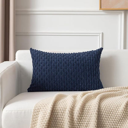 Kevin Textile 16x24 Inch Pillow Cover 1 Pack Boho Decorative Soft Striped Corduroy Lumbar Farmhouse Color Accent Rectangle Cushion Case for Living Room Couch Sofa Bed, Navy Blue