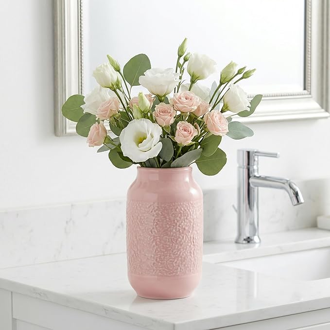Pink Ceramic Vase, 9 inch Cute Flower Vase for Pampas Grass, Modern Decorative Vases for Living Room, Minimalist Decor, Kitchen, Bedroom, Office, Bathroom, Wedding Decor