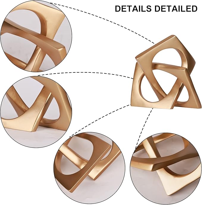 Modern Geometric Cube Decorations - Gold Knot Statues for Home, Bookcase, Tabletop, Console, Entryway & Dining Table Centerpieces