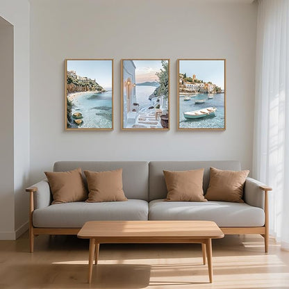 Natural Coastal Ocean Framed Canvas Wall Art Set,Modern Whitewashed Architecture Scenery Wall Decor, Mediterranean Beach Boat Landscape Artwork for Living Room, Bedroom,Farmhouse- 16"x24"x3