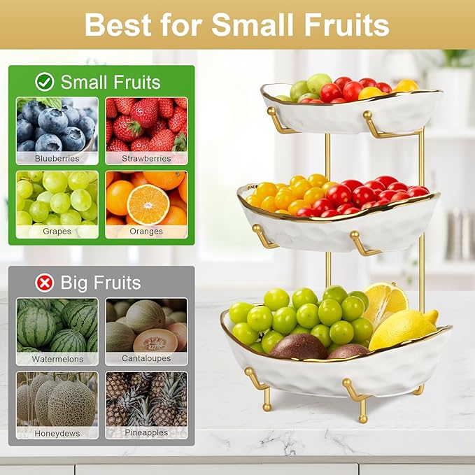 Ceramic Fruit Bowl for Kitchen Counter - 3 Tier Fruit Basket with Metal Stand, Tiered Fruit Stand for Countertop, Snack, Nuts, Cake, Dessert, Small & Cute (Gold&White)