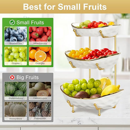 Ceramic Fruit Bowl for Kitchen Counter - 3 Tier Fruit Basket with Metal Stand, Tiered Fruit Stand for Countertop, Snack, Nuts, Cake, Dessert, Small & Cute (Gold&White)