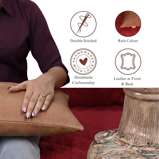 100% Lambskin Leather Pillow Cover - Sofa Cushion Case - Decorative Throw Covers for Living Room & Bedroom, 14X22 Inch - Antique Brown Plain Pack of 1