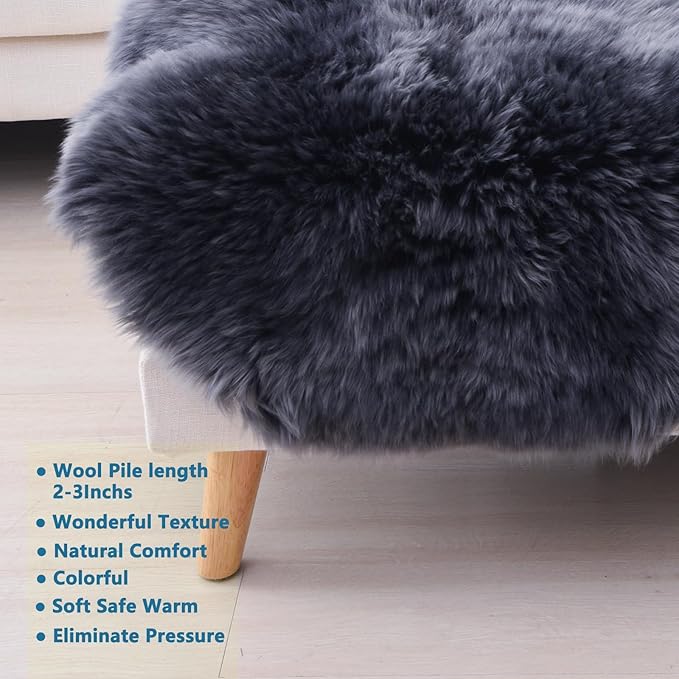 Area Rugs, Genuine New Zealand Sheepskin Rug, Soft Fur Throw Rug (Blue Steel, Double Pelt/2FT*6FT)