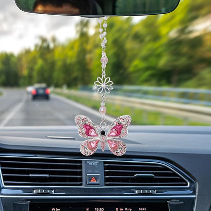 Rear View Mirror Accessories Car Charm - Pink Crystal Butterfly Hanging Ornament, Sun Catcher Window Pendant for Car Interior Decoration, Christmas Birthday Gifts for Mom Aunt