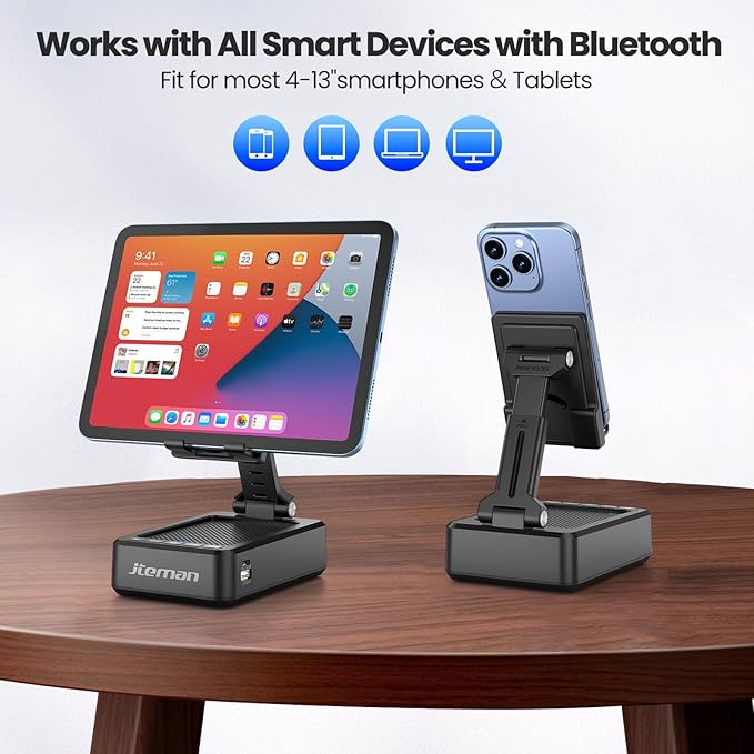 JTEMAN Cell Phone Stand with Bluetooth Speaker,HD Sound Adjustable Phone Holder,Birthday Gifts for Men Women, Cool Tech Kitchen Gadgets for Most Phones and Tablets-Black