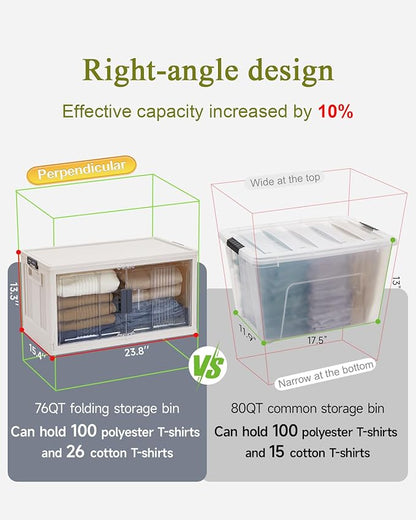 OlarHike 76QT Stackable Storage Bins with Lids - Folding Storage Box with Doors and Wheels, Collapsible Plastic Storage Bins for Closets, Home Organizers, 3 Pack Cubes (Warm Gray)
