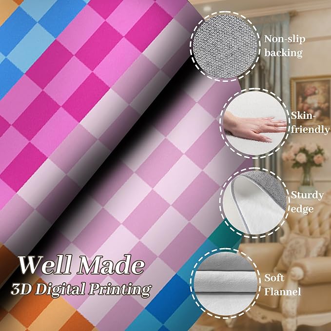 Multicolored Checkerboard Grid Runner for Entryway, 4x10ft, Boho Colorful Checkered Pattern Kids Playing Mat, Cozy Soft Absorbent Reduce Noise Rugs, Durable Washable Carpet for Family