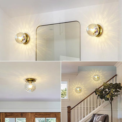 Modern Glass Globe Wall Sconce: Gold Spherical Sconces Light with Hammered Stained Glass Shade - Small Brass Vanity Single Ball Lights Fixture - Contemporary Wall Mounted Lamp for Bedroom Living Room