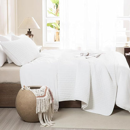 Sanracie Stonewashed Oversized King Bedspread(128"x120"), Cotton Milk White Extra Large Wide Oversized Quilt Coverlet Cross Stitch Soft Lightweight 3Pcs Crinkle Bed Coverlet Set
