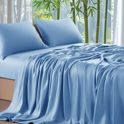 Shilucheng 100% Viscose Derived from Bamboo_ Sheets Cal King Size 4pcs - Ultra Cooling & Silky Soft Bed Sheets, 16" Deep Pocket, Perfect for Hot Sleepers, Hotel Bedding Sheets(Lake Blue)