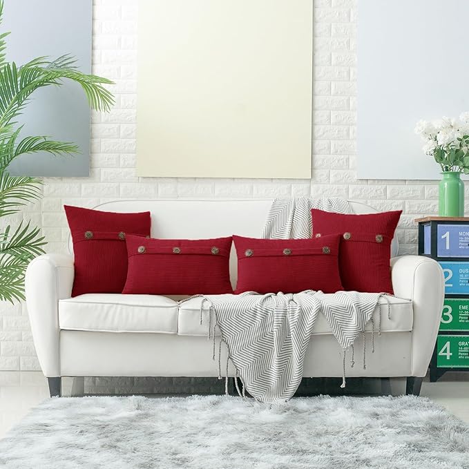 HWY 50 Red Chenille Throw Pillow Covers 18x18 Inch with Triple Buttons, Soft Farmhouse Accent Decorative Cushion Cases for Couch Sofa Bed Living Room Bedroom Pack of 2