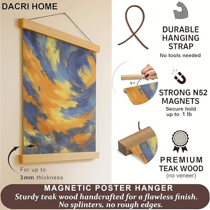 DACRI HOME Magnetic Poster Hanger Frame, Sturdy Magnetic Poster Frame with Teak Wood, Strong Magnets for Hanging Prints, Maps, Pictures, Scroll Wall Art, 22x34 22x28 (22 Inch, Teak)