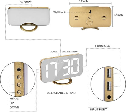 SZELAM Digital Alarm Clock,LED and Mirror Desk Clock Large Display,with Dual USB Charger Ports,3 Levels Brightness,12/24H,Modern Electronic Clock for Bedroom Home Living Room Office - Gold