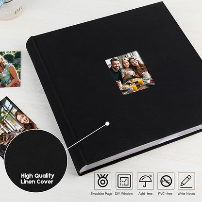 Photo Album 4x6 600 Photos with Writing Space,4 x 6 Photo Book Linen Cover with Front Window, 4x6 Picture Album, 600 Photos Photo Album Book for Wedding Kids Travel Family Baby Pictures (Black)