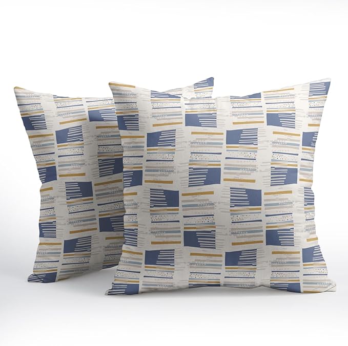 Blue Yellow Striped Pillow Covers 20x20 Set of 2 Beige Print Pattern Neutral Decorative Outdoor Boho Pillowcases with Zipper Rustic Farmhouse Decorations Throw Cushion Cover Decor for Couch Sofa Bed