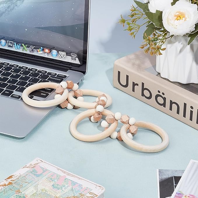 PH PandaHall Wood Chain Link 7 Link Wooden Decorative Knot Rustic Style Chain Decor Natural Link Decor with Beads for Home Book Shelf Farmhouse Boho Coffee Table Centerpiece, 13.7 Inch Long