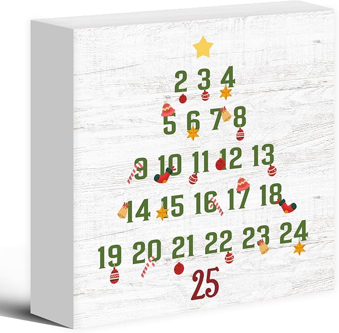 Christmas Countdown Calendar Tree Wood Box Sign Desk Decor, Christmas Countdown Decor, Christmas Countdown Wooden Block Sign Decorations for Home Room Wall Tabletop Shelf Decor, 5X5 Inch
