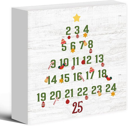 Christmas Countdown Calendar Tree Wood Box Sign Desk Decor, Christmas Countdown Decor, Christmas Countdown Wooden Block Sign Decorations for Home Room Wall Tabletop Shelf Decor, 5X5 Inch