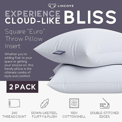Lincove Euro Throw Pillow Insert Square 24"x24" Pillow – Made in Canada, 100% Cotton Shell, Down Alternative Filling, Vegan-Friendly, Hypoallergenic - Decorative Couch Pillows, 2 Pack