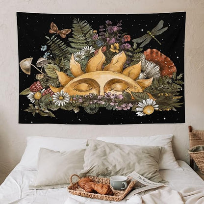 Vintage Sun Tapestry,Boho Hippie Mushroom Starry Floral Forest Plant Tapestries Wall Hanging for Dorm Living Room Bedroom Home Decor(40"x60")
