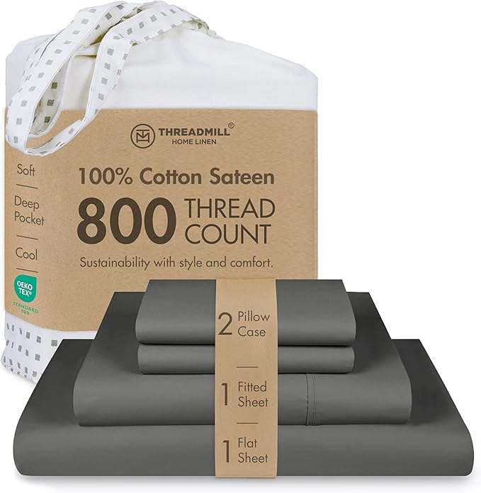 Threadmill Luxury 800 Thread Count California King 100% Cotton Sheets - Dark Grey Sateen Weave Bed-Sheets, Better Than Egyptian Cotton,4 Pc Solid Bedding Set, Fits 16" Deep Pocket