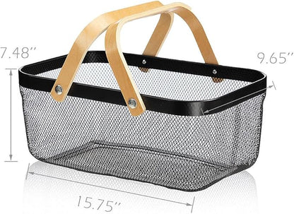 IBWell Square Metal Wire Woven Fruit Storage Bowl Basket with Wooden Handle, Large Black Mesh Fruit Stand, Multi-function Hanging Kitchen Baskets (Black, Extended)