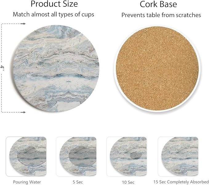 Set of 6 Mix Color Abstract Onyx Marble Coasters with Holder, Absorbent Ceramic Coasters for Drinks, Coasters with Cork Backing for Table Protection, Home Decor, Coffee Table Decor