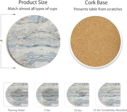 Set of 6 Mix Color Abstract Onyx Marble Coasters with Holder, Absorbent Ceramic Coasters for Drinks, Coasters with Cork Backing for Table Protection, Home Decor, Coffee Table Decor
