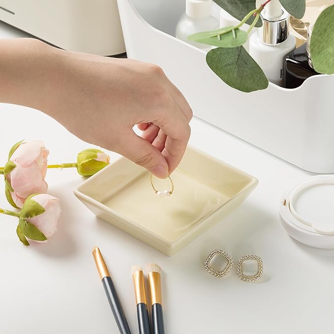 Ceramic Trinket Dish, Ring Tray, Decorative Jewelry Dish for Earrings Necklaces Watch Keys, for Women (yellow square)