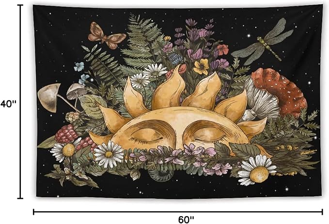Vintage Sun Tapestry,Boho Hippie Mushroom Starry Floral Forest Plant Tapestries Wall Hanging for Dorm Living Room Bedroom Home Decor(40"x60")