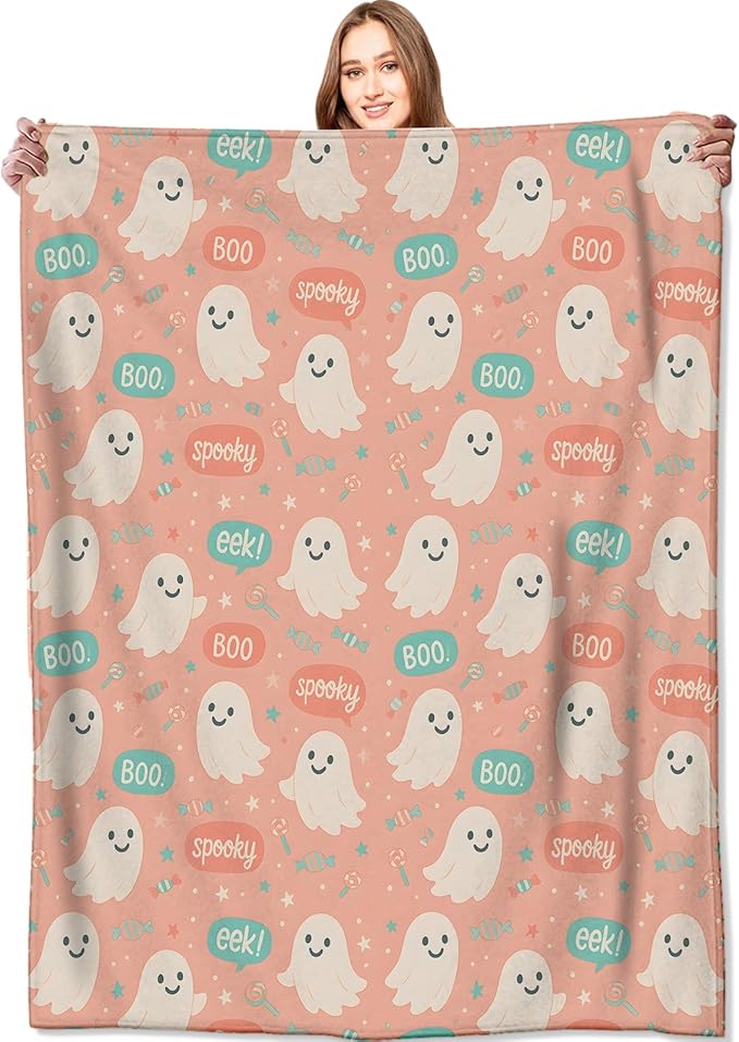 Cute Pink Ghost Blanket Halloween Fall Holiday Decor Gothic Candy Smiling Spirit Throw Gifts for Kids Lightweight Fleece Boo Spooky Witchy Blankets for Horror Spooky Goth Decoration 50x60in