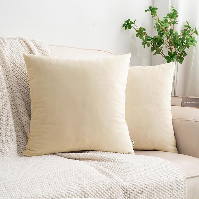 HWY 50 Cream White Velvet Throw Pillow Covers 16x16 Inch, Pack of 2 Soft Cozy Solid Decorative Luxury Cushion Cases for Couch Sofa Bed Living Room Bedroom