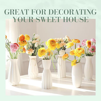 6 Pack White Ceramic Vase, Flower Vase Textured Table Centerpiece Weddings Vases with Twine Bow, Modern Home Decor, Fit for Foyer Living Room Fireplace Bedroom Kitchen 7.09-8.27" H