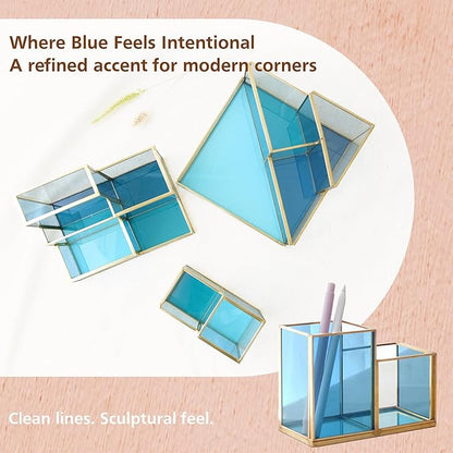 FONDAZZA Gold & Blue Glass Desk Organizer - Elegant Office Decor, Aesthetic Makeup Brush Holder, 2-Compartment Pen Holder, Pencil Cup, Vanity & Cosmetic Storage, Desk Accessories for Women