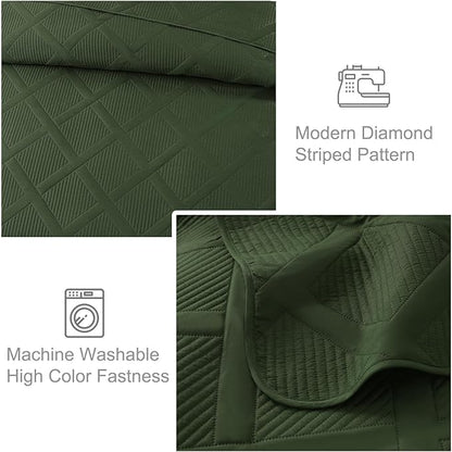 Exclusivo Mezcla Twin Size Quilt Set - Olive Green Quilts Bedding Set with 1 Pillow Shams, Modern Bedspread with Striped Pattern, Soft Lightweight Bedspreads Coverlets for All Seasons