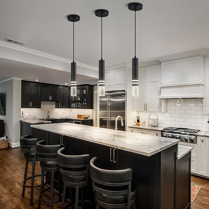 Pendant Lights Kitchen Island, Crystal Pendant Light Fixtures Mini 6W LED Modern Kitchen Pendant Lighting Over Sink and Living Room and Bedroom (Black 3-Pack)