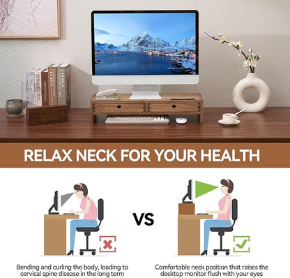 KIRIGEN Wood Monitor Stand with 2 Drawers - Computer Arm Riser Desk Storage Organizer,Speaker TV Laptop Printer Stand with Pen Slot and Cable Management,Dark Brown Desktop Shelf for Office DBR-2PMJ