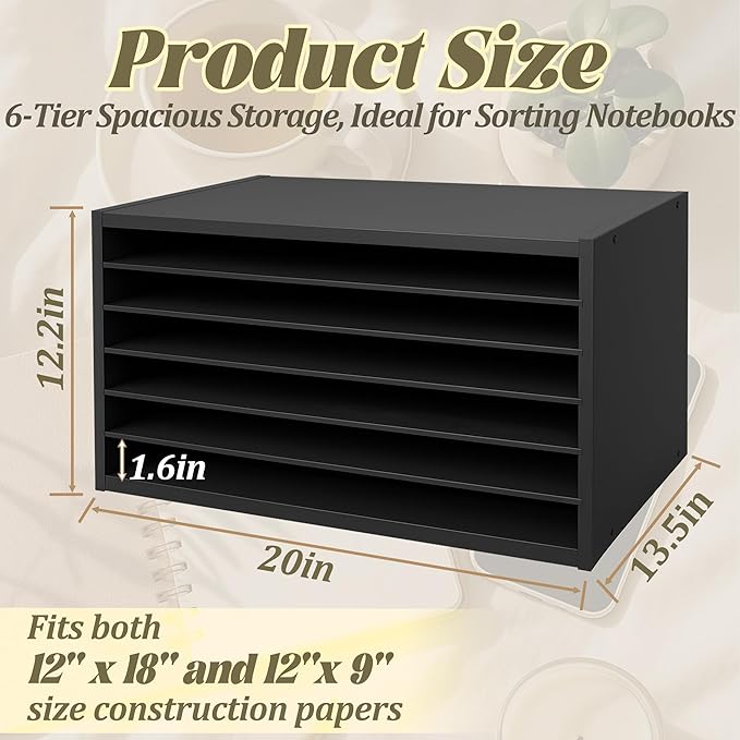 PROLEE Construction Paper Organizer 20" x 13.5" x12.2",Soild Wooden Paper Organizer with 6-Tier Letter Trays, Desktop File Papers Sorter for Home, Classroom and Office (Black)