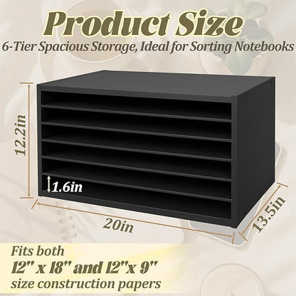PROLEE Construction Paper Organizer 20" x 13.5" x12.2",Soild Wooden Paper Organizer with 6-Tier Letter Trays, Desktop File Papers Sorter for Home, Classroom and Office (Black)