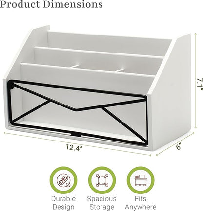 Prosumer's Choice Bamboo Desk Organizer – White Powder-Coated Natural Bamboo Mail Organizer for Countertop - Wooden Desktop Organizer for Mail, Files, Letters, and Tabletop Storage