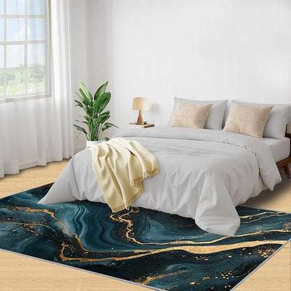 Marble Washable Area Rugs 6x9 Non-Slip Fluid Art Living Room Rug Gold Lines Soft for Carpet Low Pile Indoor Door Mat & Room Decor