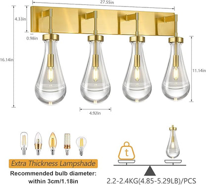 Raindrop Wall Sconces Gold Crystal Sconces Wall Decor Modern Lighting Glass Bathroom Sconces Indoor Vanity Light Wall Lamp for Bedroom Living Room Stair(4-Light)