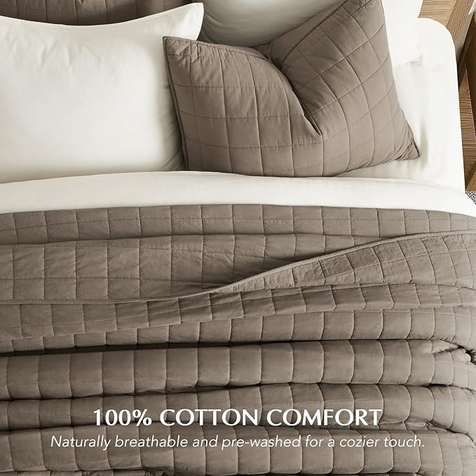 EVERGRACEHOME 100% Cotton Box Stitch Quilt Bedding Set King Size 3 Pieces, Garment-Washed Lightweight Soft Cozy Coverlet, Oversized Quilted Bedspread Sets with 2 Shams for All Season, Mocha Brown
