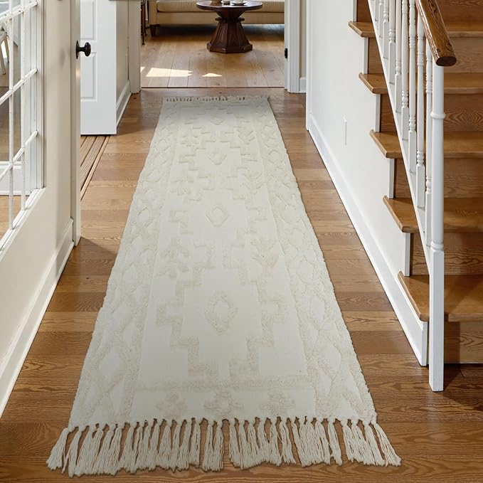 Uphome Boho Runners for Hallways 2.6' x 8', Washable Farmhouse Entryway Runner Rug, Cotton Tufted Bedroom Runner Rugs, Bohemian Tribal Aesthetic Rug for Kitchen Doorway Bathroom Living Room, Beige
