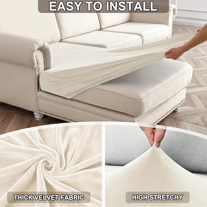 NAISI Waterproof Couch Cushion Covers Thick Velvet Fabric Washable Sofa Slipcovers 2 Pieces Individual Sectional Couch Covers with Elastic Bottom(2 Pcs for 2-Seat or Backrest,Ivory White)