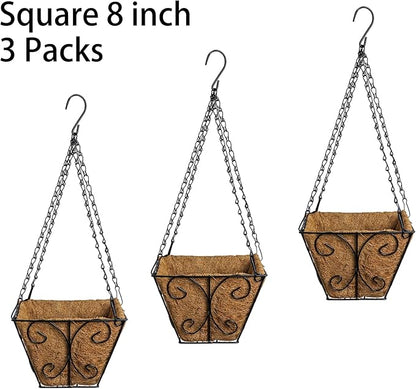 3-Pack Hanging & Wall-Mounted Plant Baskets with Natural Coconut Fiber Liner, Decorative Planters for Home Garden Patio Yard (3Pack SquareHanger, 8Inch)