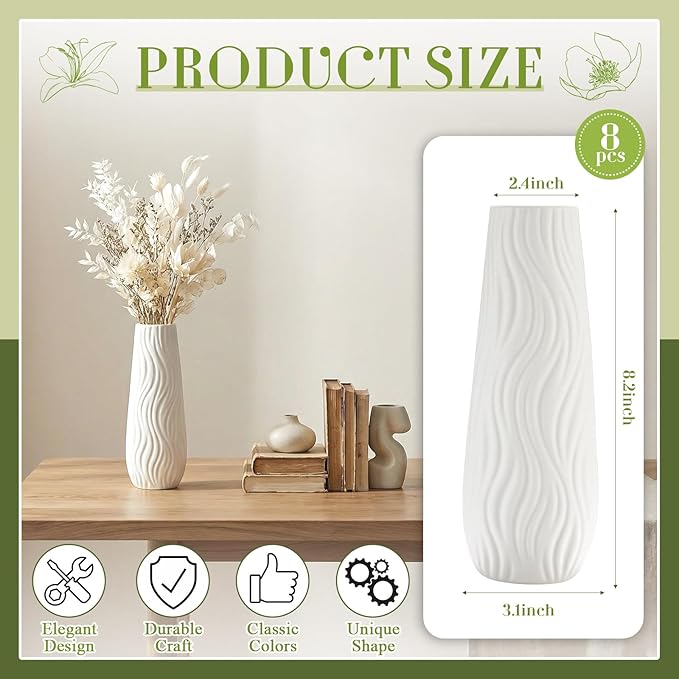 Qinyoung White Ceramic Bud Vase Set of 8, 8'' Small White Flower Vase for Centerpieces Floral Decor for Wedding Party Dining Table Home Decoration (Modern)